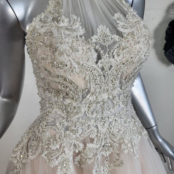 NWT~$1899~EDDY K COUTURE~SZ 2/4~CHAMPAGNE IVORY EMBELLISHED HALTER WEDDING DRESS - Picture 4 of 16